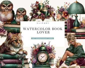 85 Watercolor Book Lover Clipart Bundle Sublimation Designs Digital Download, Digital Prints, Digital Art, Digital Planner, PNG Files