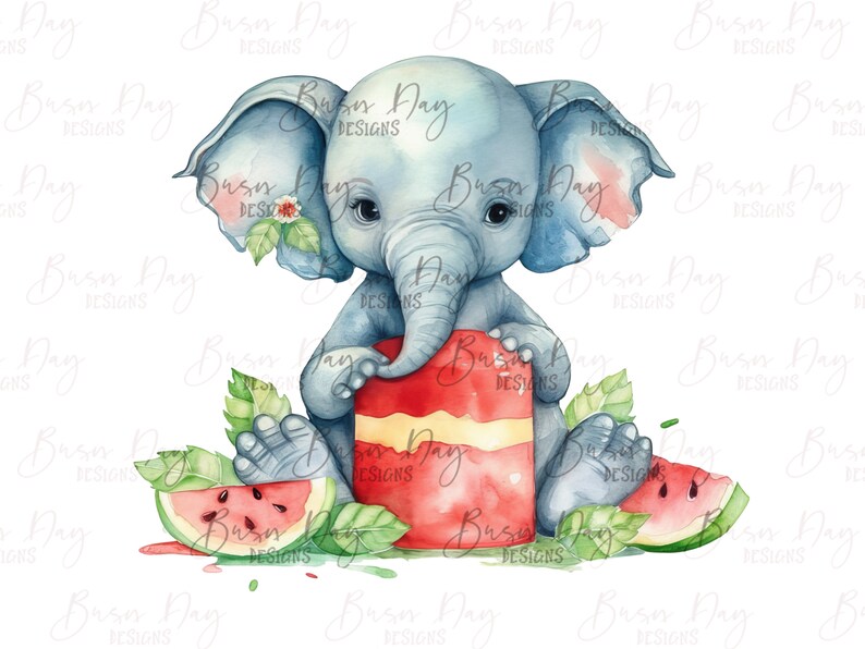 Puede incluir: Una ilustraci&oacute;n de acuarela de un elefante azul sosteniendo una paleta roja y amarilla. El elefante est&aacute; sentado en una cama de hojas verdes y rodajas de sand&iacute;a.