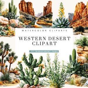 Könnte beinhalten: Eine Sammlung von Aquarellillustrationen mit Wüstenlandschaften, roten Felsformationen, verschiedenen Kakteen, Sukkulenten und Wüstenflora. Der zentrale Text lautet WATERCOLOR CLIPARTS WESTERN DESERT CLIPART 77 TRANSPARENT PNGS in Schwarz und Türkis.