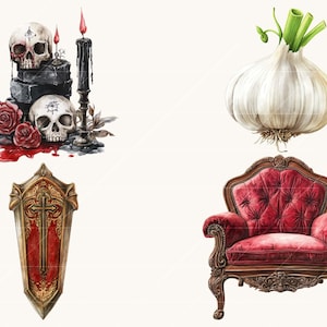 Peut inclure: Illustrations &agrave; l'aquarelle d'&eacute;l&eacute;ments gothiques et occultes. Comprend des cr&acirc;nes, des bougies, des roses, un bouclier avec une croix, un bulbe d'ail et un fauteuil en velours rouge. L'&oelig;uvre a une esth&eacute;tique vintage et antique.