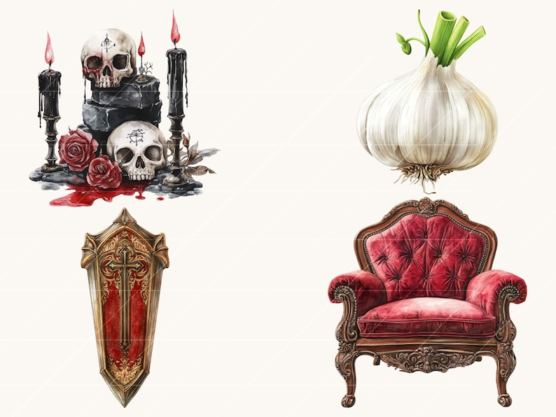 Peut inclure: Illustrations &agrave; l'aquarelle d'&eacute;l&eacute;ments gothiques et occultes. Comprend des cr&acirc;nes, des bougies, des roses, un bouclier avec une croix, un bulbe d'ail et un fauteuil en velours rouge. L'&oelig;uvre a une esth&eacute;tique vintage et antique.
