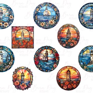 May include: Ten round stained glass illustrations of lighthouses with various colors and designs. Each illustration features a lighthouse with a white tower and a red roof, surrounded by blue water, white clouds, and a yellow sun. Some illustrations include a boat, a bird, or a flower.