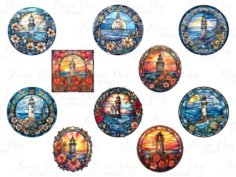 May include: Ten round stained glass illustrations of lighthouses with various colors and designs. Each illustration features a lighthouse with a white tower and a red roof, surrounded by blue water, white clouds, and a yellow sun. Some illustrations include a boat, a bird, or a flower.