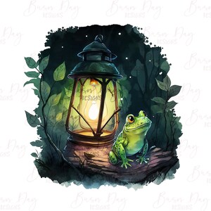 May include: A green frog sits on a log in a forest setting, looking up at a lantern with a glowing light bulb inside. The lantern is made of metal and has a glass panel. The scene is painted in a watercolor style.