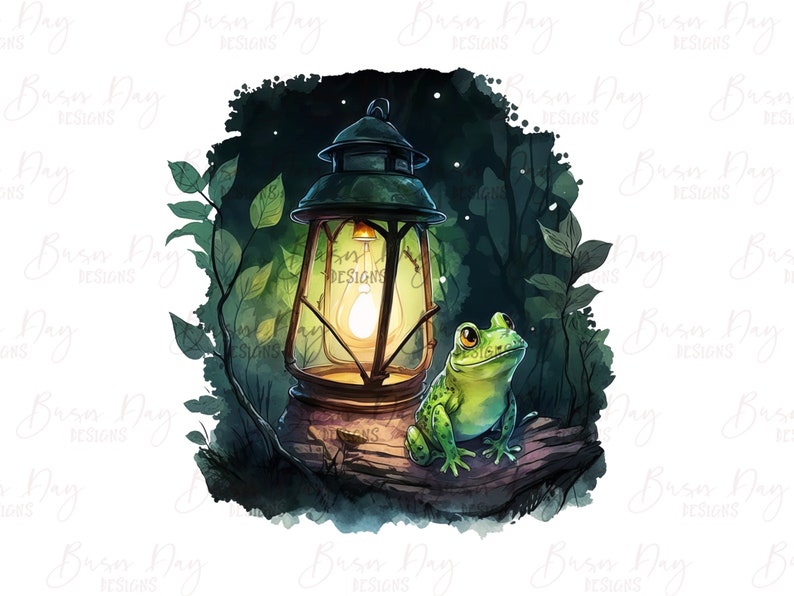 May include: A green frog sits on a log in a forest setting, looking up at a lantern with a glowing light bulb inside. The lantern is made of metal and has a glass panel. The scene is painted in a watercolor style.