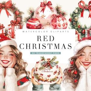 30 Aquarell Rot Weihnachten Clipart Bundle Sublimation Designs, digitaler Download, Sofort-Download Digitaldrucke, PNG-Dateien-Designs