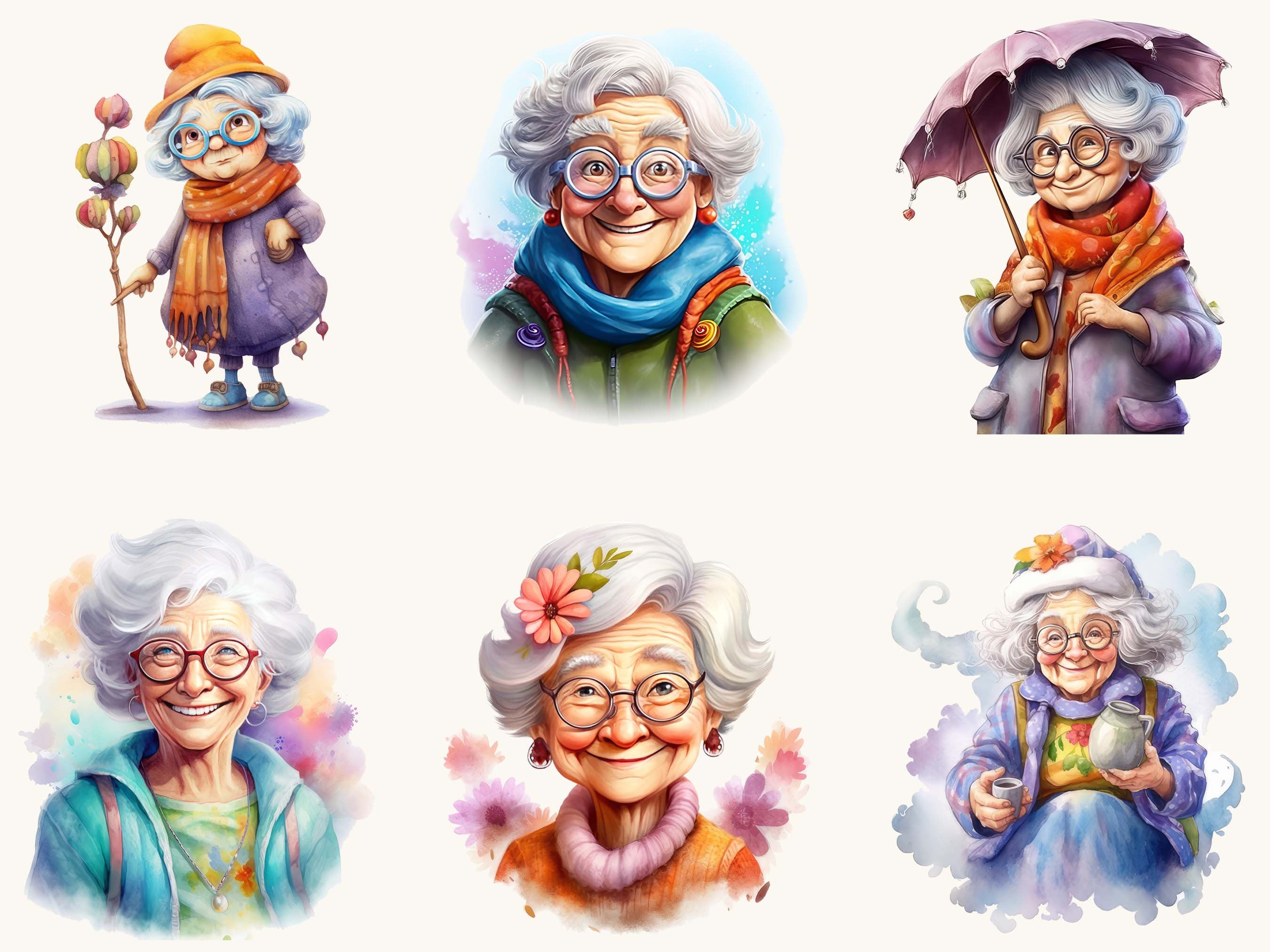 Watercolor Old Lady Clipart Bundle: 29 PNG Designs (digital Download ...