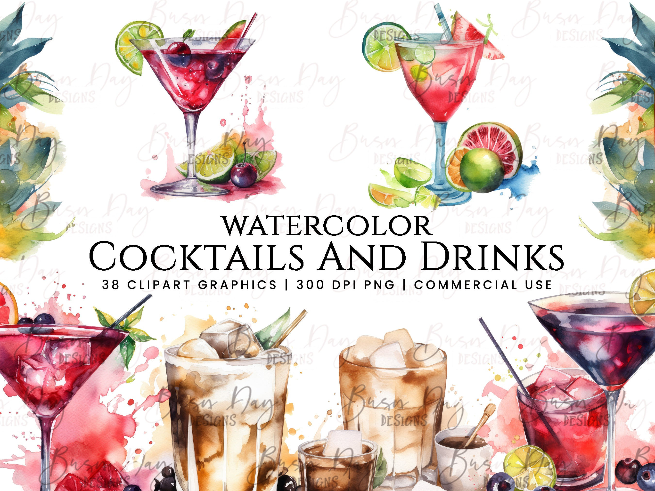 38 Watercolor Cocktail & Drink Clipart bundle, digital download, digital planner, instant download, watercolor clipart, commercial use,
