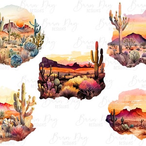K&ouml;nnte beinhalten: F&uuml;nf Aquarell-Illustrationen von W&uuml;stenlandschaften mit Kakteen, Bergen und einem Sonnenuntergangshimmel. Die Illustrationen sind in Orange-, Rosa-, Lila- und Braunt&ouml;nen gemalt.