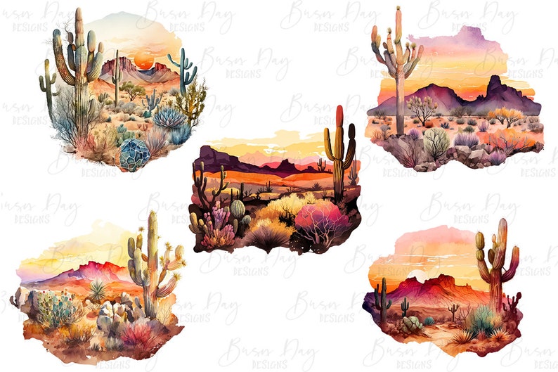K&ouml;nnte beinhalten: F&uuml;nf Aquarell-Illustrationen von W&uuml;stenlandschaften mit Kakteen, Bergen und einem Sonnenuntergangshimmel. Die Illustrationen sind in Orange-, Rosa-, Lila- und Braunt&ouml;nen gemalt.