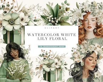 76 Watercolor White Lily Floral Clipart Bundle Sublimation Designs Digital Download, Digital Prints, Digital Art, Digital Planner, PNG Files