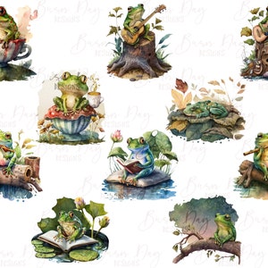 May include: A set of ten digital illustrations featuring frogs in various activities, including playing music, reading, and relaxing. The frogs are depicted in a whimsical style with vibrant green and brown colors.