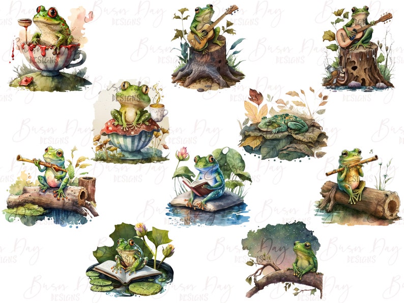 May include: A set of ten digital illustrations featuring frogs in various activities, including playing music, reading, and relaxing. The frogs are depicted in a whimsical style with vibrant green and brown colors.