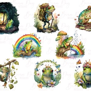 May include: A set of ten digital illustrations featuring watercolor paintings of frogs in various settings. The frogs are depicted in different poses, including sitting, standing, and jumping. Some of the frogs are wearing hats or carrying backpacks. The illustrations are perfect for use in scrapbooking, card making, and other creative projects.