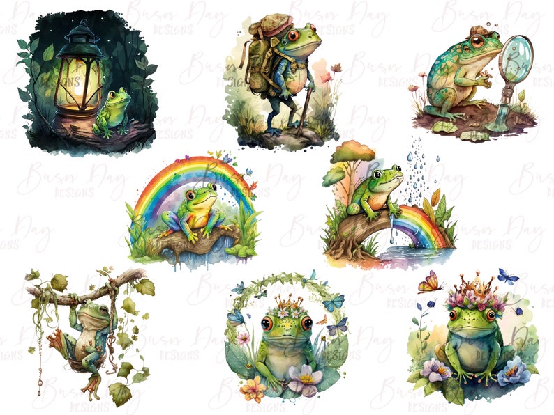 May include: A set of ten digital illustrations featuring watercolor paintings of frogs in various settings. The frogs are depicted in different poses, including sitting, standing, and jumping. Some of the frogs are wearing hats or carrying backpacks. The illustrations are perfect for use in scrapbooking, card making, and other creative projects.