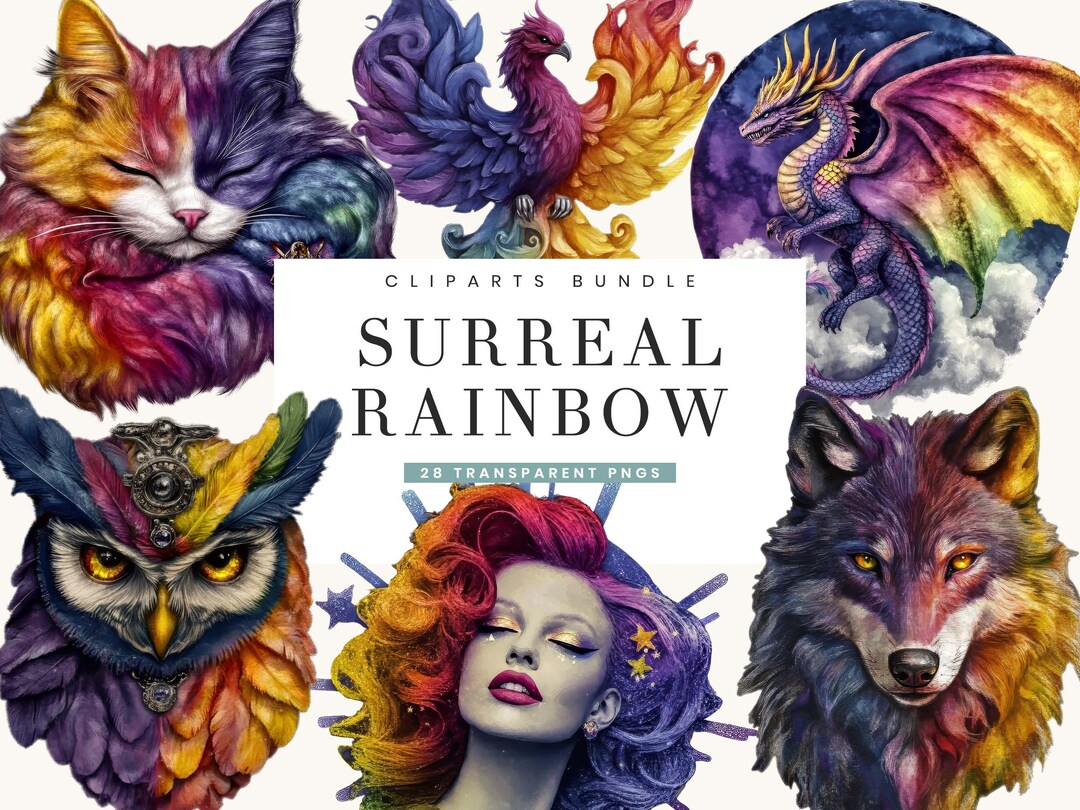Surreal Rainbow Animals Clipart Bundle, Watercolor PNG (digital ...