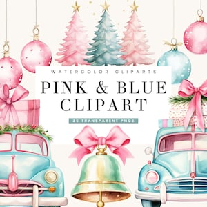 25 aquarel kerst roze en blauwe clipartbundel sublimatie ontwerpen digitale download, digitale prints direct downloaden, png-bestanden