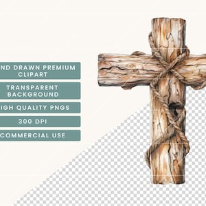 Peut inclure: Illustration d'une croix en bois vieilli, orn&eacute;e d'une corde. Le bois pr&eacute;sente des veines et des n&oelig;uds apparents. Le texte indique : "HAND DRAWN PREMIUM CLIPART", "TRANSPARENT BACKGROUND", "HIGH QUALITY PNGS", "300 DPI", "COMMERCIAL USE".