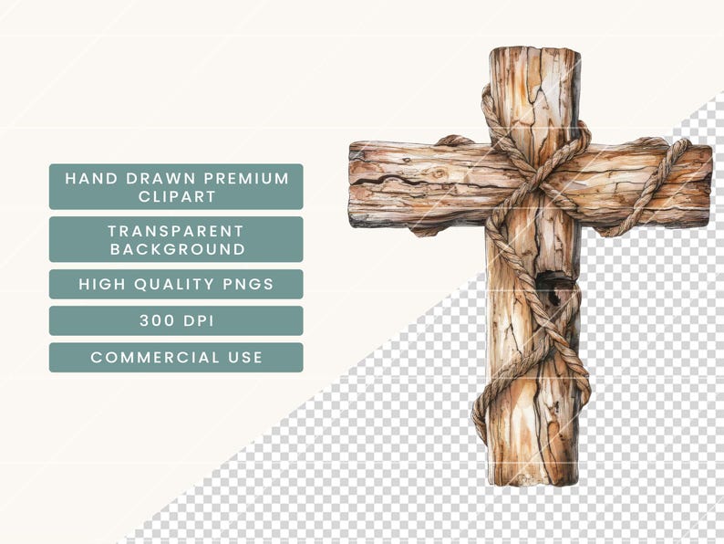 Peut inclure: Illustration d'une croix en bois vieilli, orn&eacute;e d'une corde. Le bois pr&eacute;sente des veines et des n&oelig;uds apparents. Le texte indique : "HAND DRAWN PREMIUM CLIPART", "TRANSPARENT BACKGROUND", "HIGH QUALITY PNGS", "300 DPI", "COMMERCIAL USE".