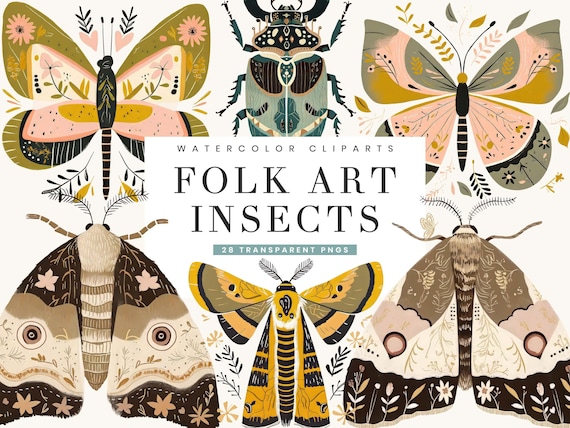 Watercolor Folk Art Insects Clipart: 28 PNG Designs (Digital Download)