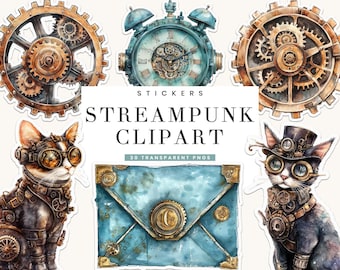 30 Steampunk Teal-stickers: Clipart Fussy Cuts (digitale download)