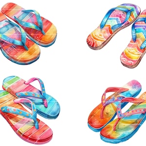 May include: Four pairs of colorful flip-flops with striped and patterned designs. The flip-flops are made of rubber and have a blue strap.