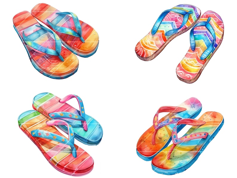 May include: Four pairs of colorful flip-flops with striped and patterned designs. The flip-flops are made of rubber and have a blue strap.