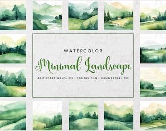 Watercolor Minimal Landscape Clipart Bundle: 48 PNG Graphics (Digital Download)