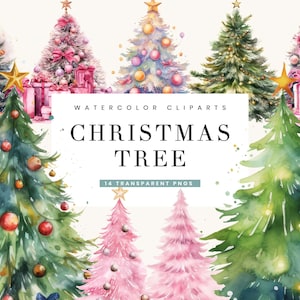 14 aquarelles arbre de Noël Clipart Bundle Sublimation designs, téléchargement immédiat des cliparts aquarelle, fichiers PNG en téléchargement numérique