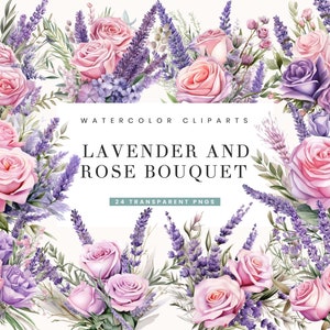 Puede incluir: Conjunto de clipart de acuarela de 24 PNG transparentes que presentan un ramo de lavanda y rosas rosadas. Las flores están dispuestas en un estilo suelto y natural, con algunos tallos superpuestos. El fondo es blanco.