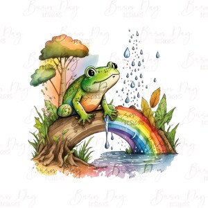 May include: A green frog sits on a rainbow under a tree with raindrops falling from the sky. The scene is painted in a watercolor style.