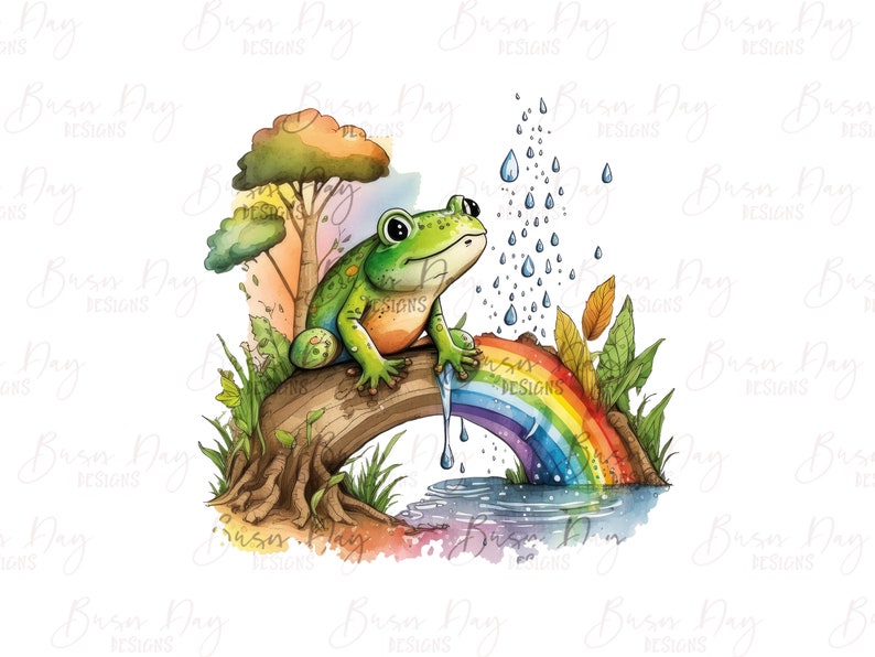 May include: A green frog sits on a rainbow under a tree with raindrops falling from the sky. The scene is painted in a watercolor style.