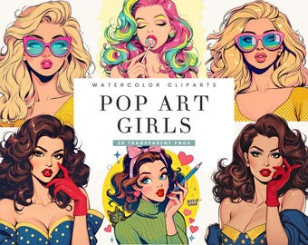 Retro Pop Art Girls Clipart: Comic Style PNG Bundle (Digital Download)