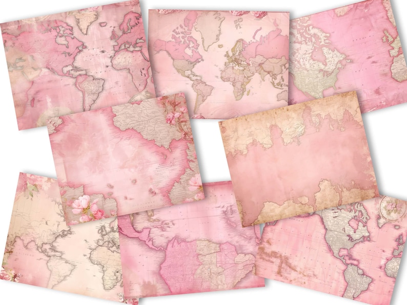 Pink Map Layout Shabby Pink Romantic Maps Digital Paper Pack: Junk Journal Prints ...