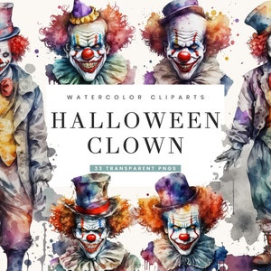 33 Paquete de imágenes prediseñadas de payaso de Halloween de acuarela Descarga instantánea, Diseños de sublimación, Descarga digital, Arte de pared imprimible, Archivos Png