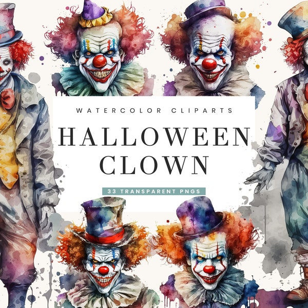 Bundle de cliparts clown Halloween aquarelle, téléchargement immédiat, motifs par sublimation, téléchargement numérique, art mural imprimable, fichiers Png