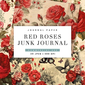 29 rote Rosen Junk Journal Paper Pack Vintage Papier Digital Download, altes Papier Digitaldrucke, Digital Paper Pack, Digital Journal