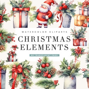 Op de afbeelding: Waterverf kerstclipart-elementen met een verscheidenheid aan feestelijke ontwerpen, waaronder hulst, dennentakken, cadeaus, een kerstman en een kerstster. De clipart is perfect om een ​​kerstsfeer aan je projecten toe te voegen.