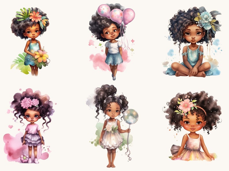 29 Watercolor Cute little black girl Clipart bundle , watercolor clipart, digital download, instant download, digital prints image 2