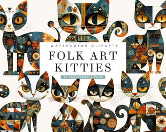 Folk Art Cat Clipart Bundle: 27 Whimsical Kitty PNG Designs (Digital Download)
