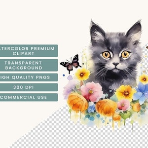 20 Watercolor Cat with Flowers Clipart Sublimation Designs, Instant Download Watercolor Clipart, Printable Art, Digital Download Png Files image 6