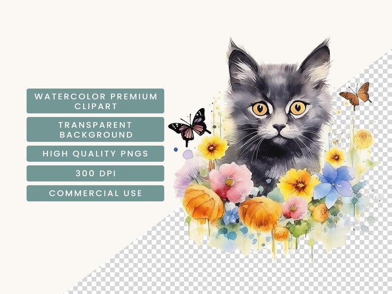 20 Watercolor Cat with Flowers Clipart Sublimation Designs, Instant Download Watercolor Clipart, Printable Art, Digital Download Png Files image 6