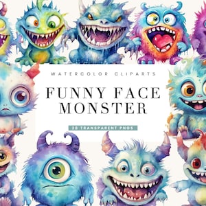 28 Aquarell lustige Gesichter Monster, Clipart Bundle, digitaler Download, digitales Papier, digitaler Planer, Sofort Download, Digitaldrucke,