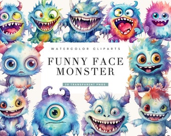May include: A set of 28 watercolor illustrations of funny monster faces. The monsters have different colors, expressions, and features, including big eyes, sharp teeth, and furry bodies. The illustrations are perfect for adding a whimsical touch to any project.