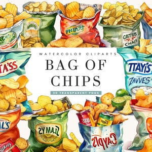 Pacote de 30 Watercolor Bag of Chips Clipart, clipart aquarela, download digital, download instantâneo, impressões digitais, uso comercial