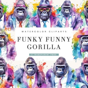 17 Watercolor Funky Funny Gorilla Clipart Bundle Sublimation Designs, Instant Download, Printable Art, Png Bundle Digital Download