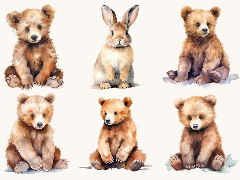 Pu&ograve; includere: Illustrazione ad acquerello di sei animali della foresta: cinque cuccioli di orso bruno e un coniglio. I cuccioli di orso sono in varie pose, tutti seduti. Il coniglio &egrave; seduto in posizione eretta. Gli animali sono dipinti in tonalit&agrave; marroni e beige.