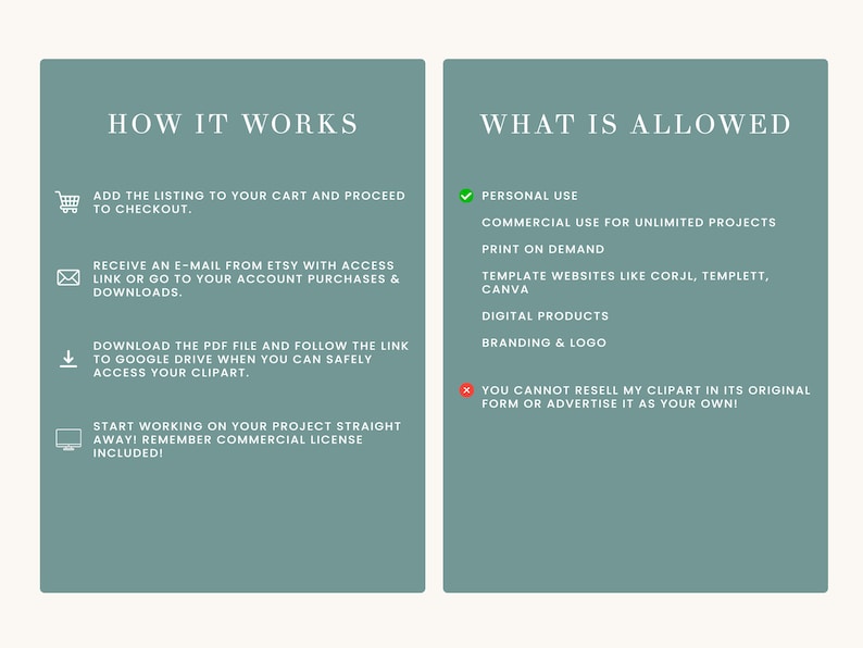 May include: A green and white graphic with the text "How It Works" and "What Is Allowed" in black. The graphic explains how to purchase and download a digital clipart file and what the clipart can be used for. The graphic includes icons for a shopping cart, an envelope, a download arrow, and a computer monitor.