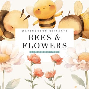 22 Watercolor Bees and Flowers Clipart Bundle Sublimation Designs Digital Download, Digital Prints Instant Download, Bees Flowers PNG Files