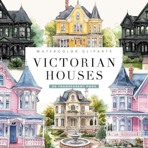 30 Watercolor Victorian Houses Clipart Bundle Sublimation Designs Digital Download, Digital Prints Instant Download, PNG Files Designs